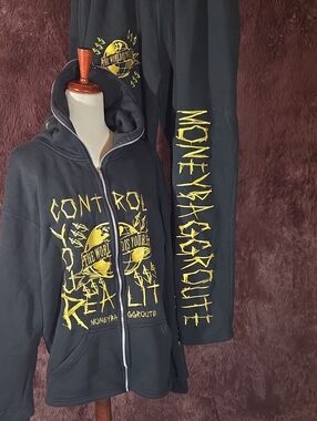 Moneybagg Route Black & Yellow Graphic Zip Hoodie and Pants Tracksuit